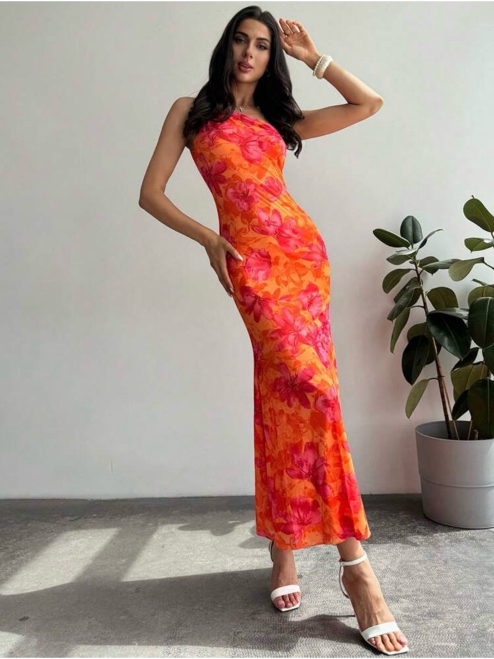 Women's Summer Beach Floral Print Bodycon One Shoulder Twist Knot Dress Hawaii